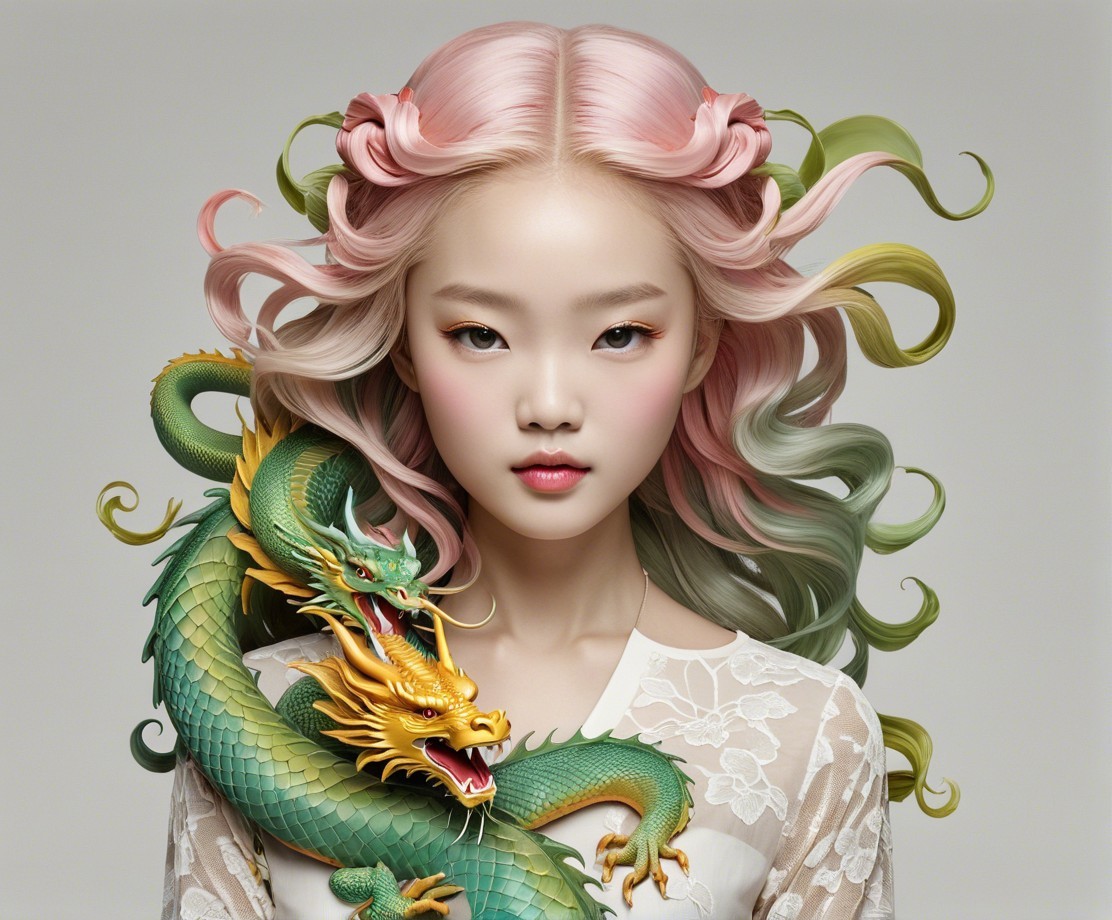 Young girl with pastel pink hair and green dragon