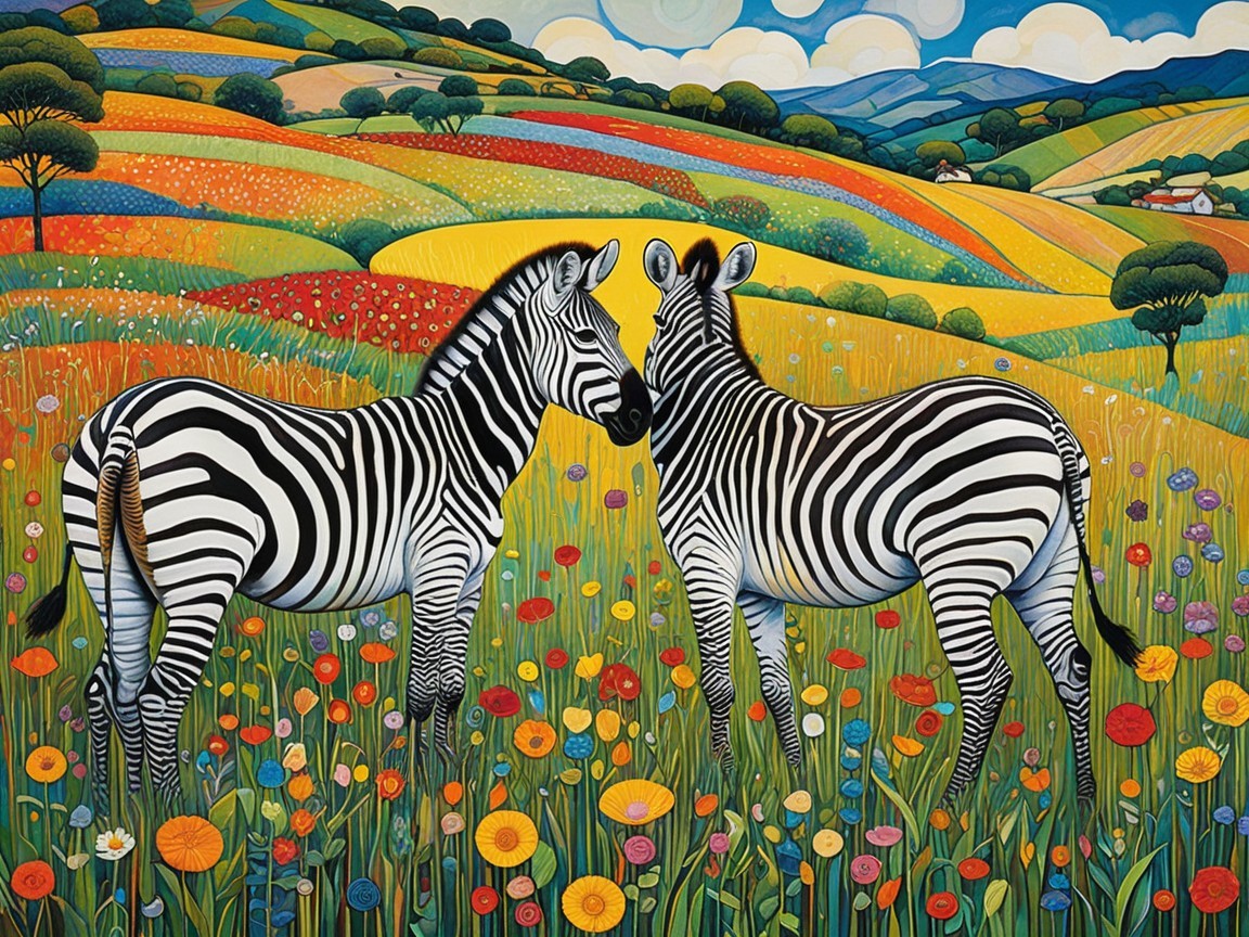 Zebras in a Colorful Meadow with Blooming Flowers