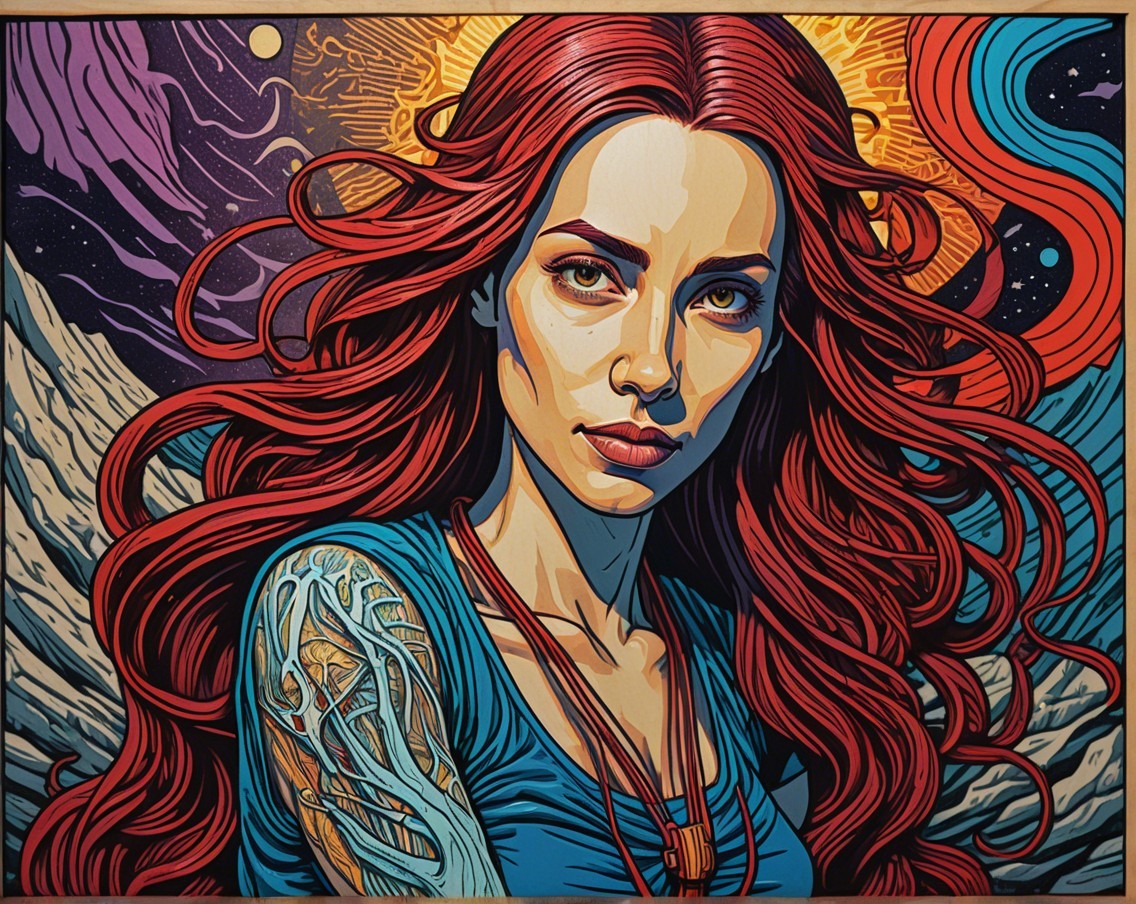 Portrait of a Woman with Red Hair in Cosmic Background