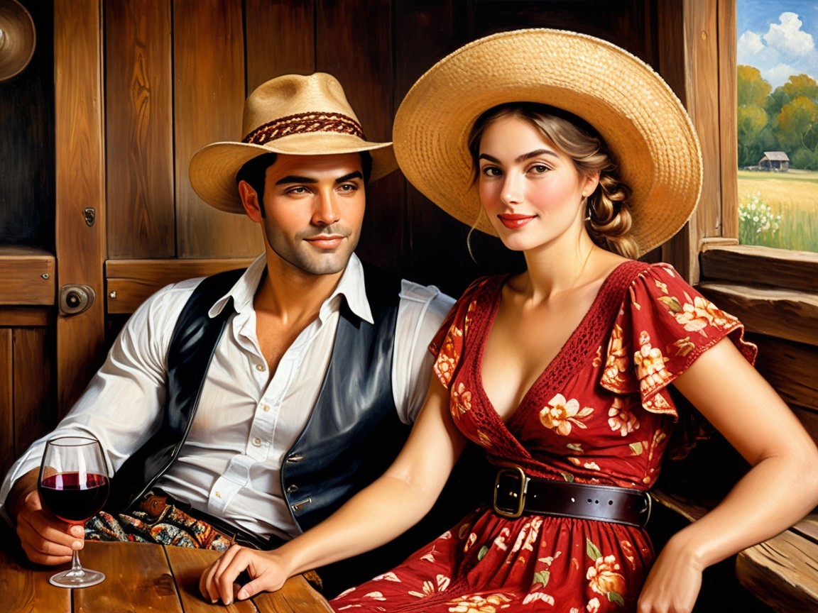 Couple in Rustic Train Carriage with Scenic Background