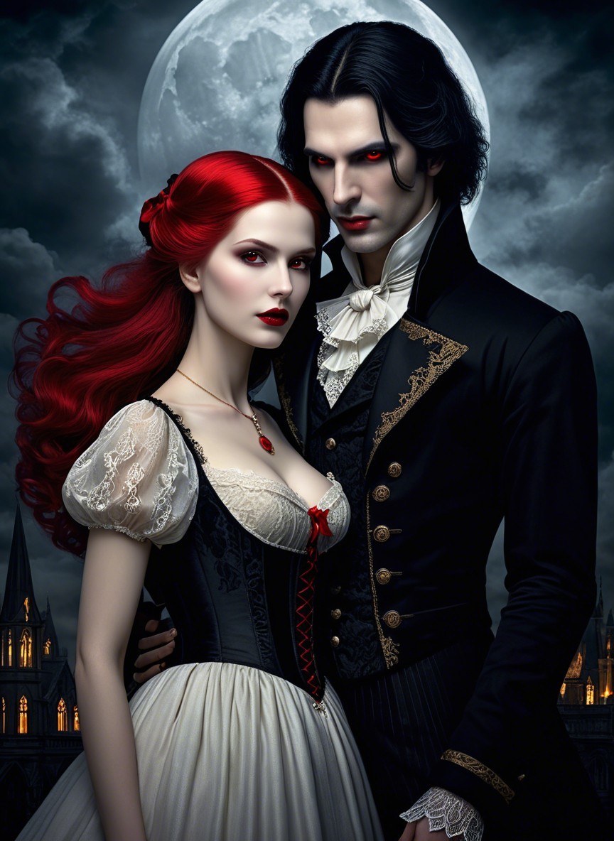 Vampire Couple in Elegant Gothic Attire at Night