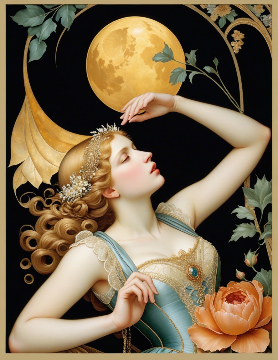 Serene Woman in Elegant Dress Under Full Moonlight