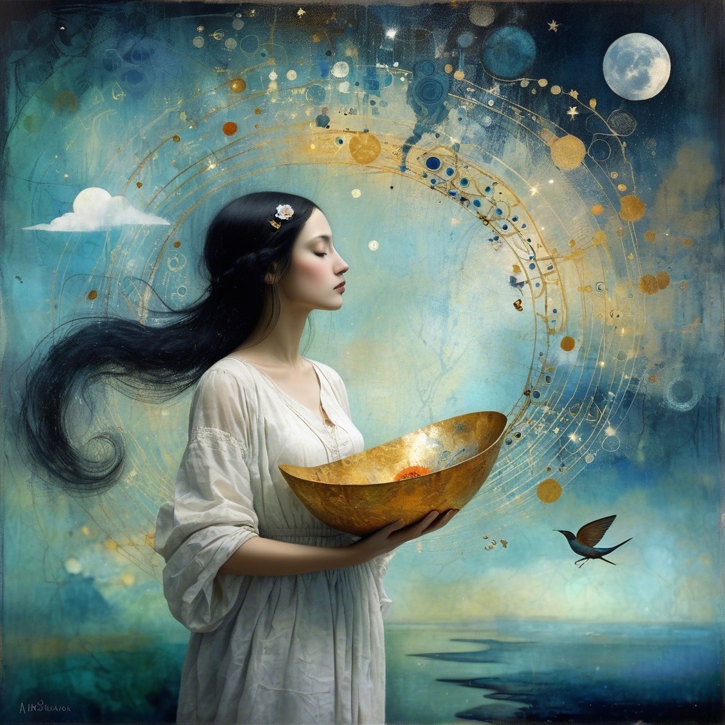 Serene Woman in White Dress with Golden Bowl