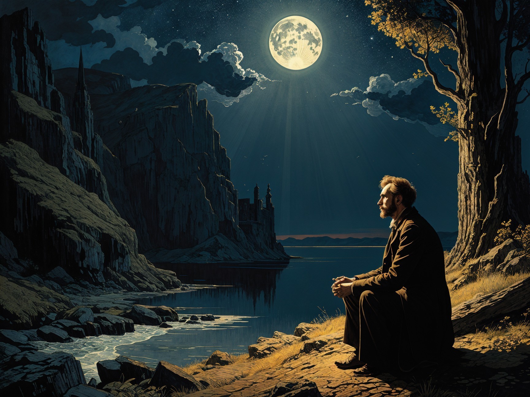 Solitary figure by moonlit lakeside with cliffs and castle