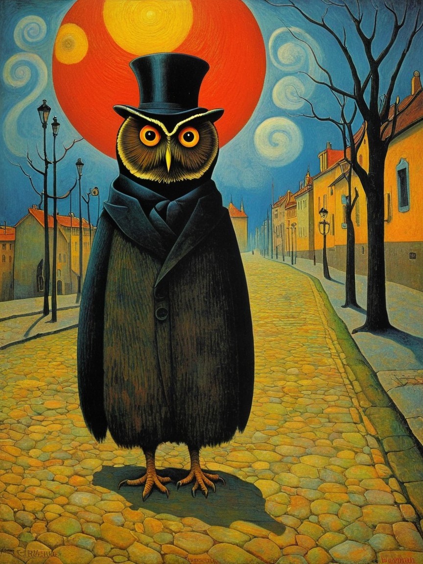 Whimsical Owl in Top Hat on Cobblestone Street Scene