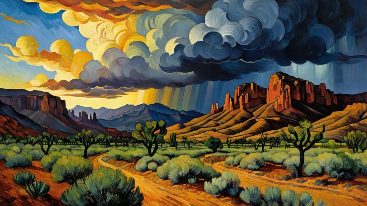 Vibrant Desert Landscape with Dramatic Sky and Cacti