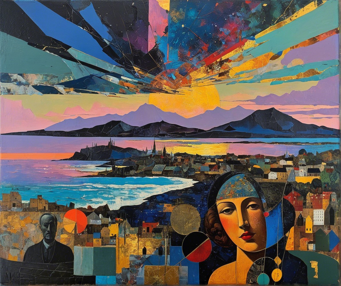 Abstract Landscape Painting with Dramatic Sky Elements