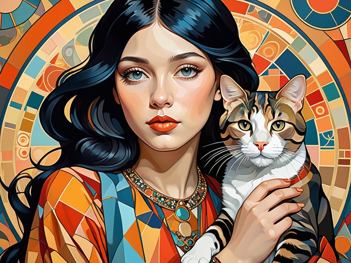 Young woman with black hair and calico cat portrait