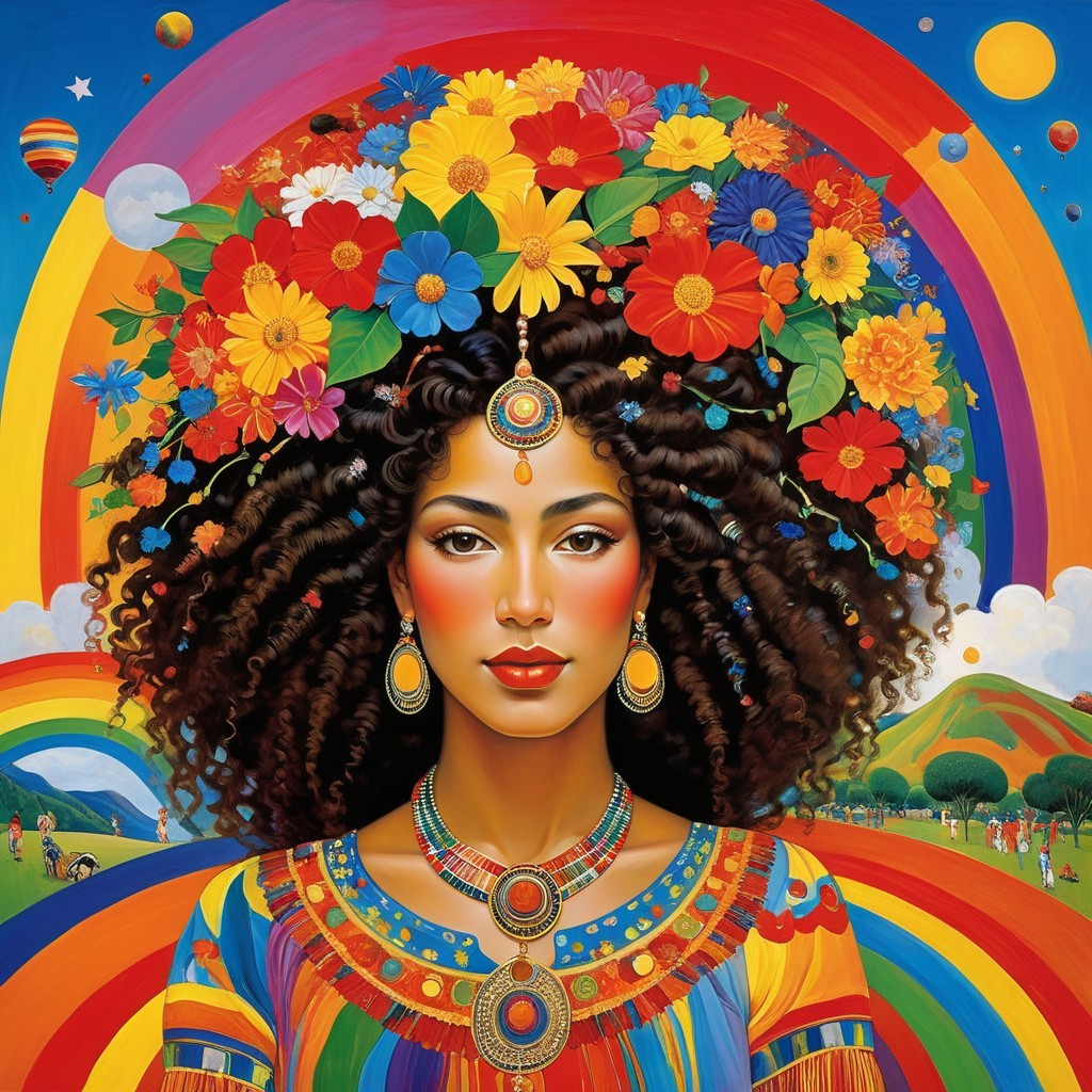 Portrait of a woman with floral headdress and vibrant colors