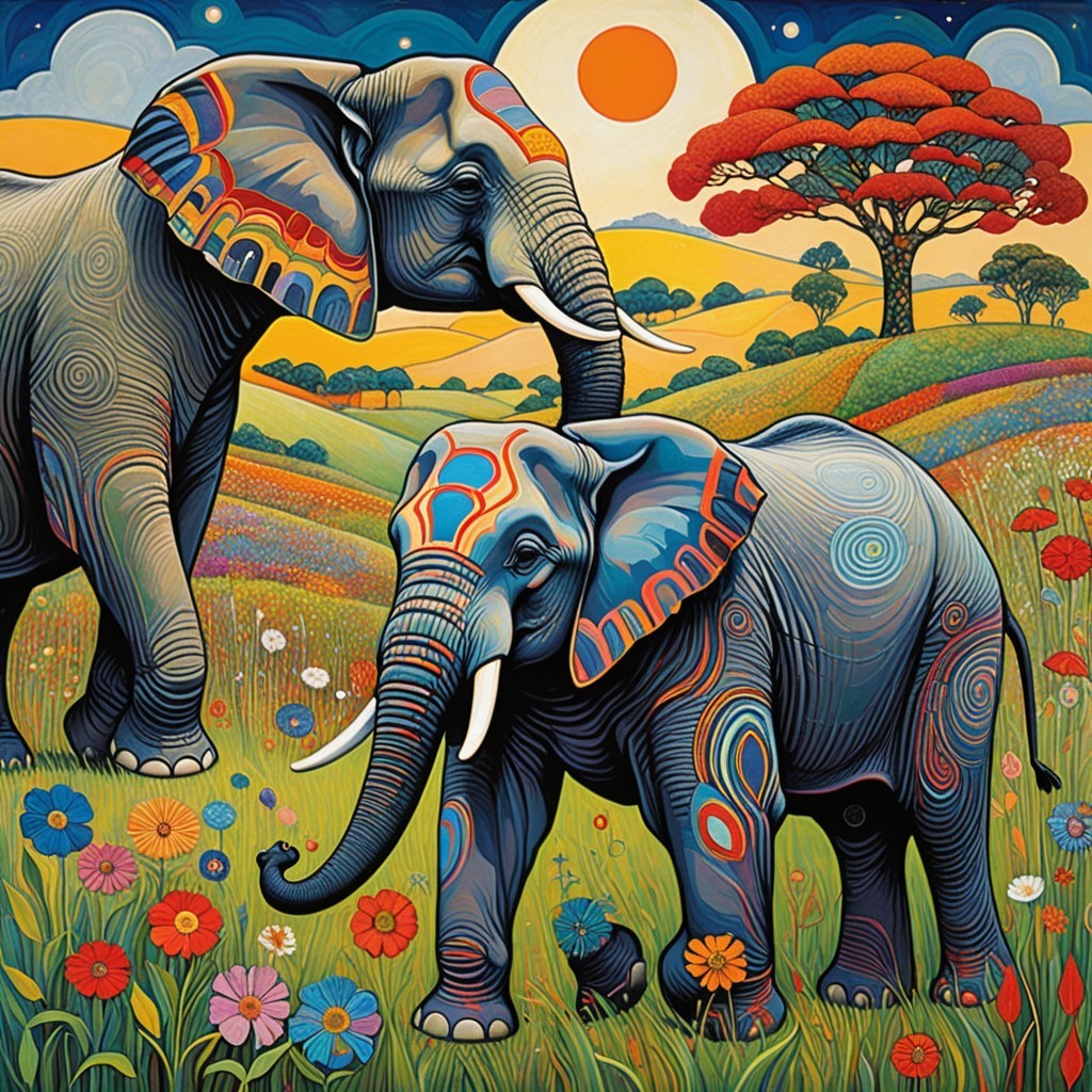 Elephants in a Colorful Landscape with Flowers and Hills