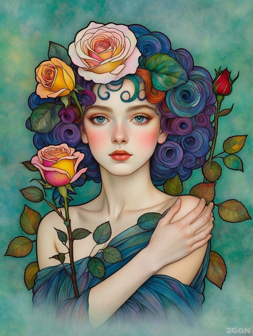 Portrait of a Young Woman with Floral Elements