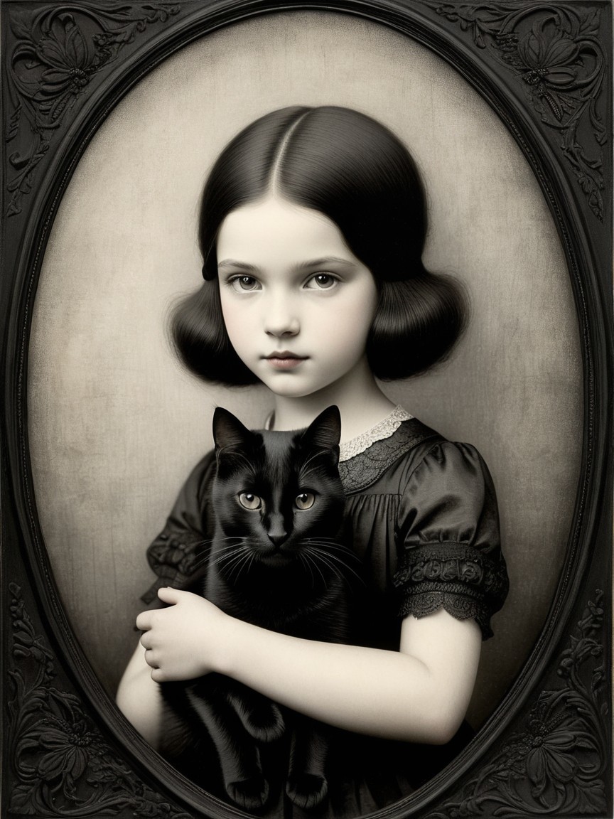 Young girl in black dress with cat in oval frame