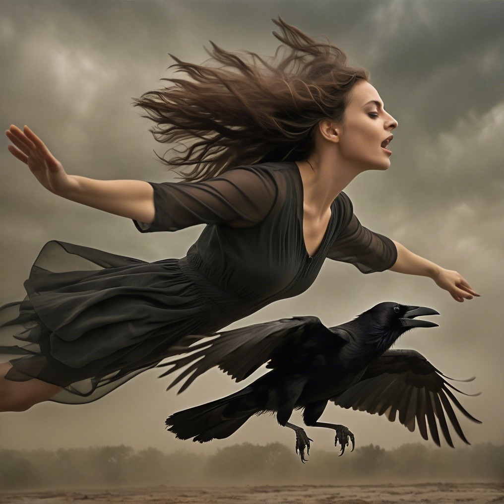 Woman in Dark Dress Soars Through Stormy Sky