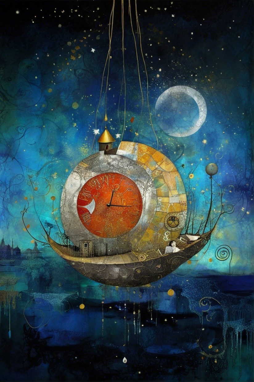Surreal Scene with Floating Clock and Celestial Elements