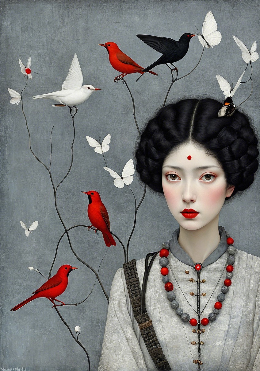 Serene Portrait of Young Woman with Nature Elements