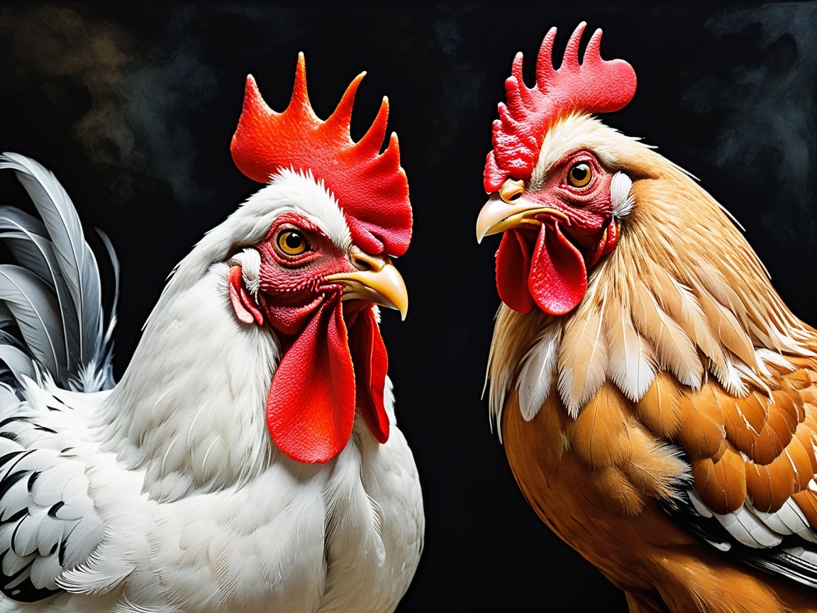 Close-up of Two Colorful Roosters on Dark Background