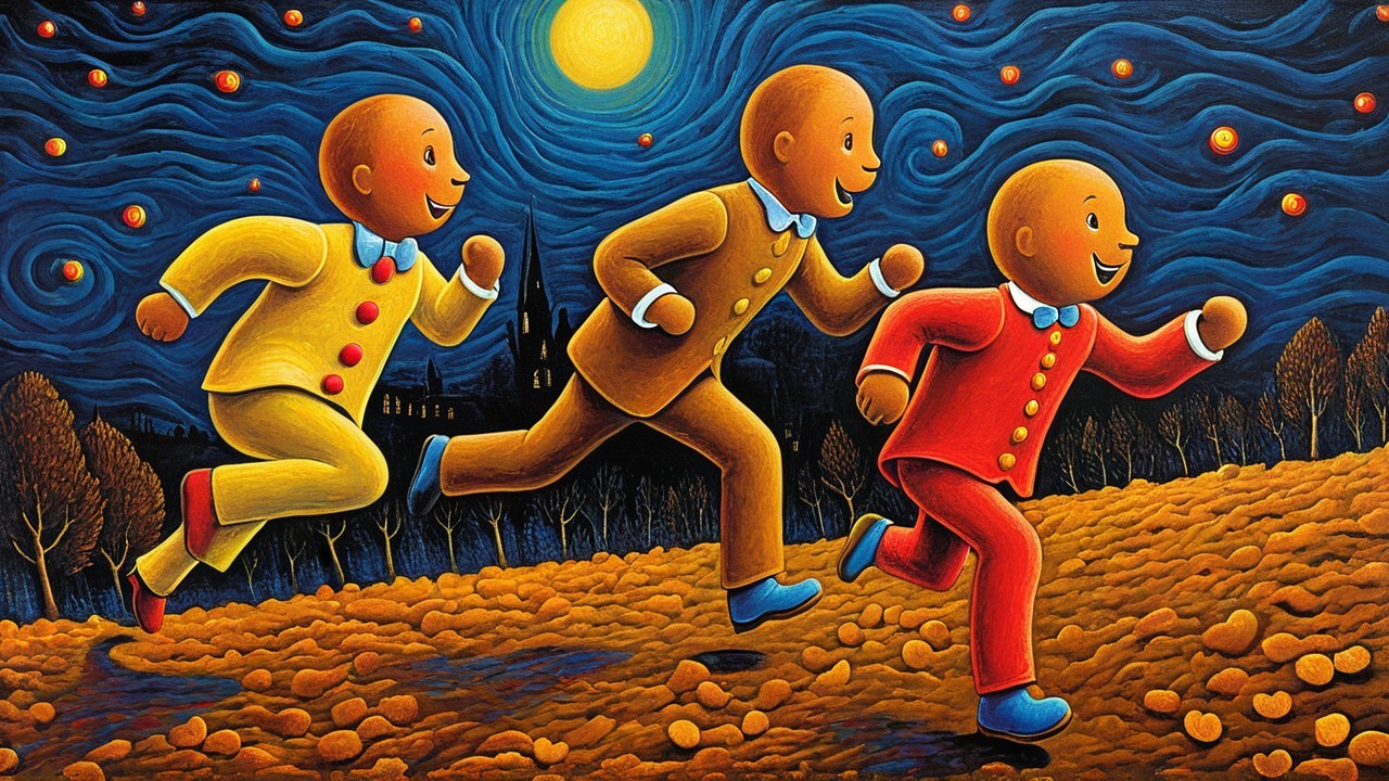Whimsical Painting of Characters in a Starry Field