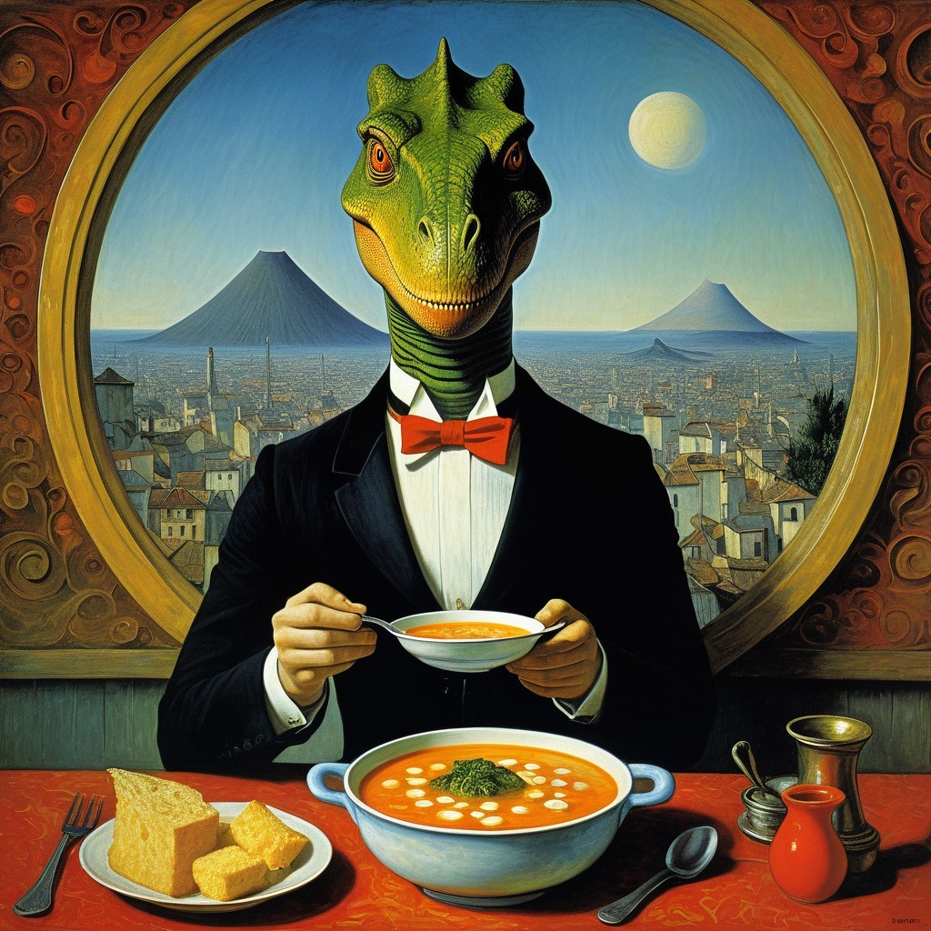 Lizard-Headed Figure Dining with Cityscape and Volcanoes