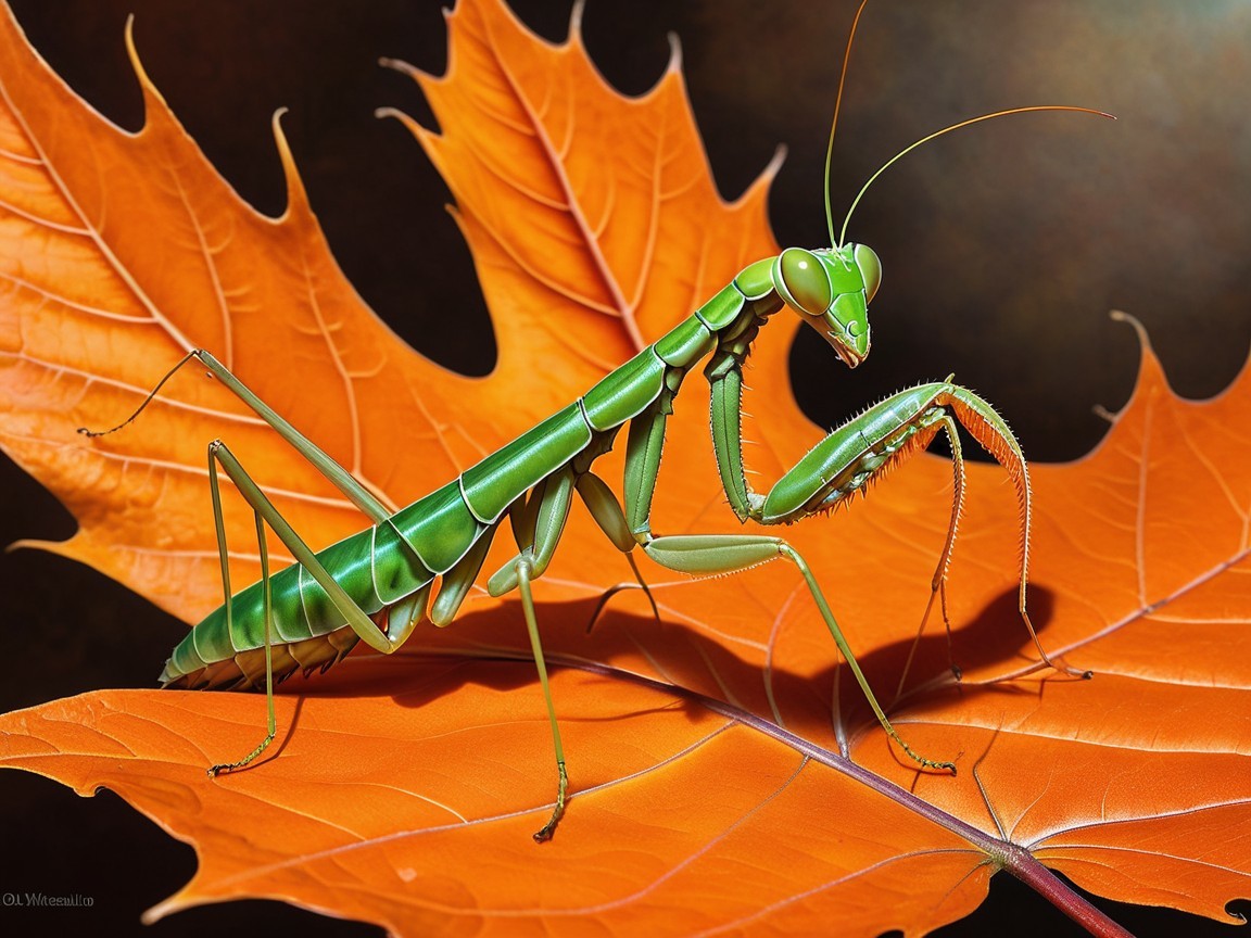 Green Praying Mantis on Orange Autumn Leaf