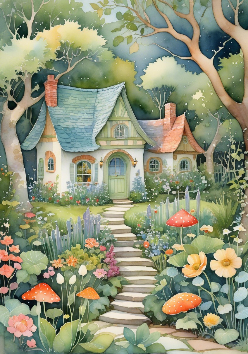 Whimsical Cottage Surrounded by Lush Gardens and Trees