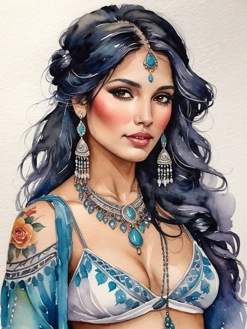Elegant Woman in Blue Outfit with Jewelry and Tattoos