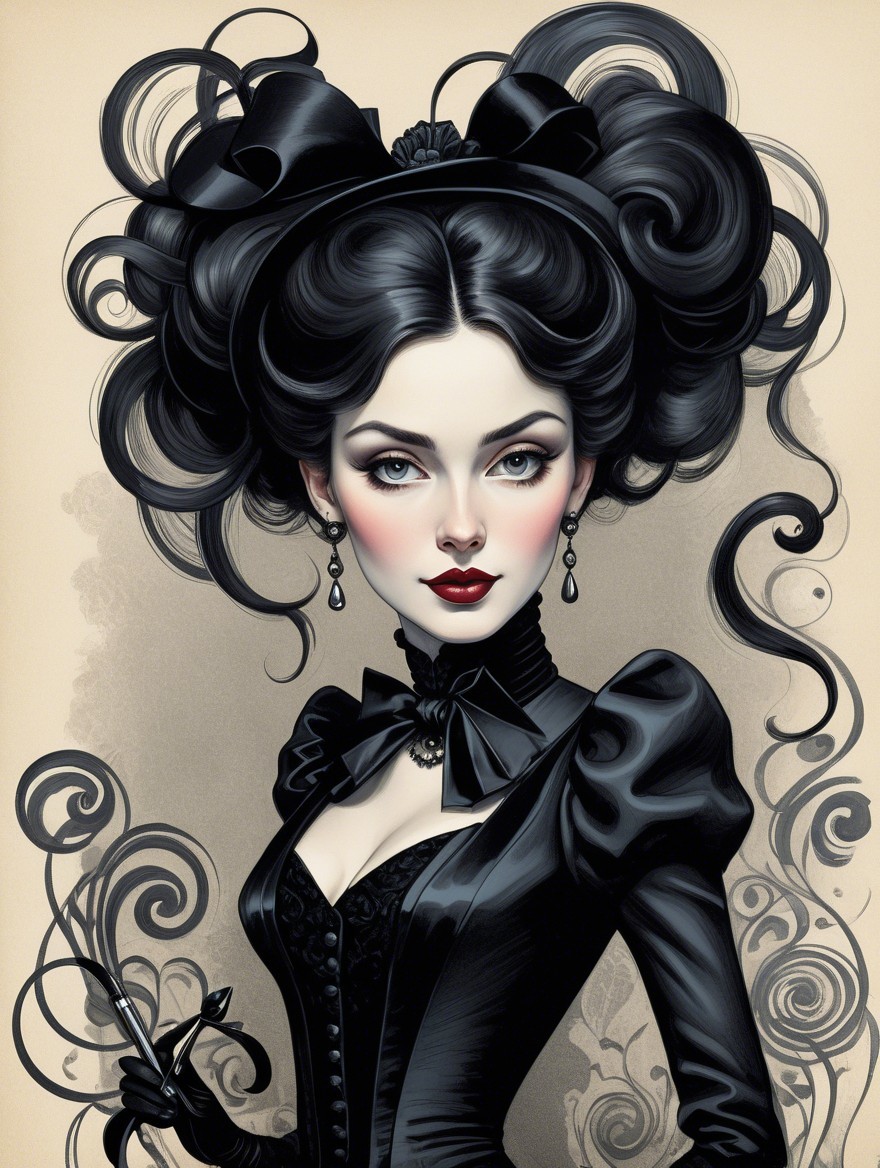 Elegant Woman in Black Gown with Dramatic Makeup