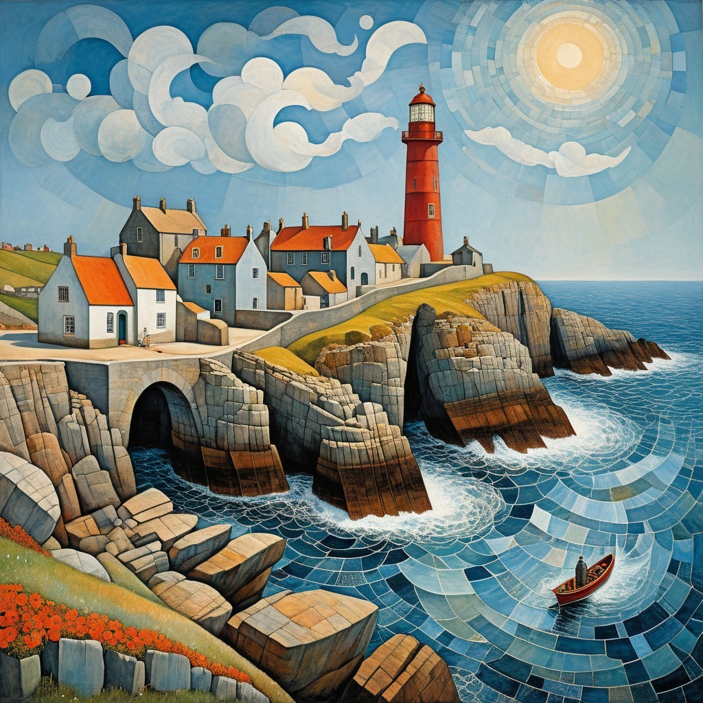 Coastal Scene with Lighthouse and Colorful Poppies