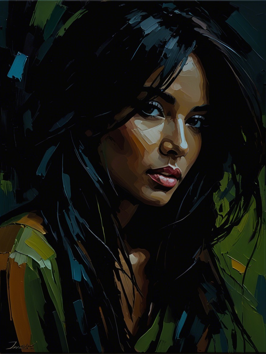 Portrait of a woman with dark hair and expressive eyes