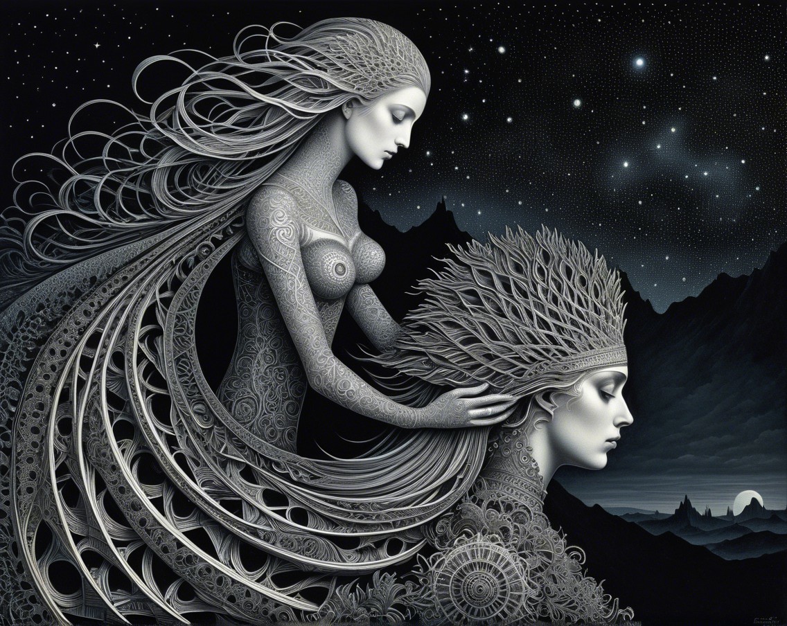 Ethereal Figures with Flowing Hair in Starry Night