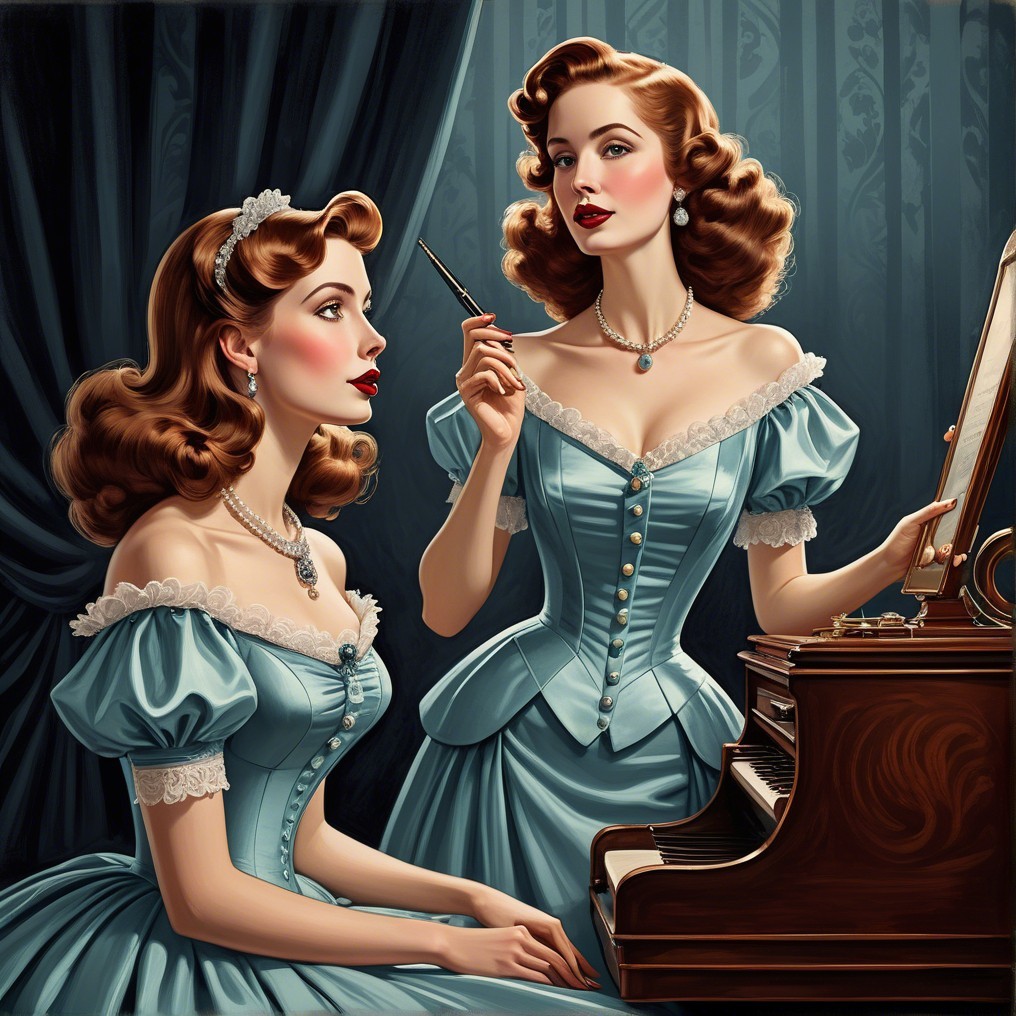 Elegant Women in Vintage Blue Gowns by Piano