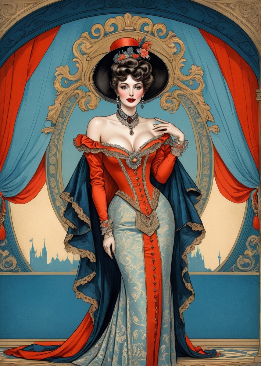 Glamorous Woman in Historical Gown with Cape