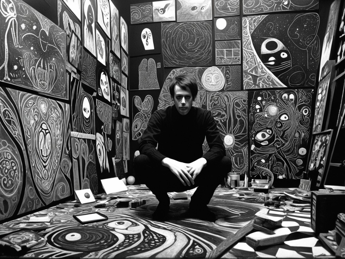 Monochrome Room with Abstract Art and Intricate Patterns