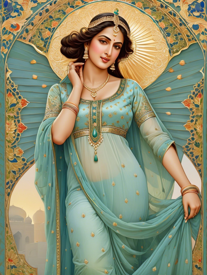Graceful woman in light blue outfit with gold details