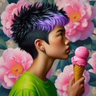 Elegant Woman with Dark Curls and Pink Rose