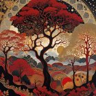 Silhouette of Figure Under Stylized Tree with Patterns