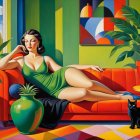 Stylish Woman in Green Dress on Red Couch with Patterns