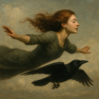 Woman in Dark Dress Soars Through Stormy Sky