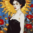 Portrait of a woman with vintage curls and roses