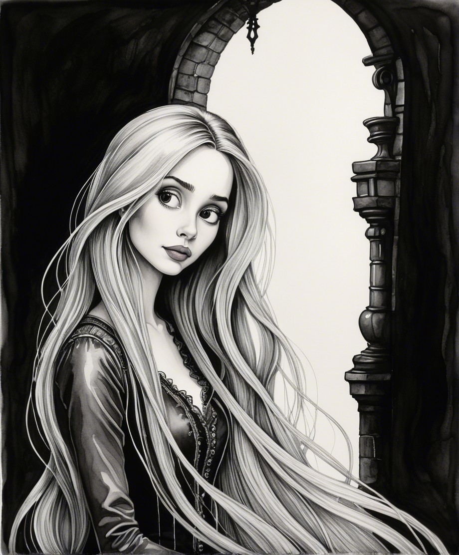 Black and White Illustration of Thoughtful Young Woman