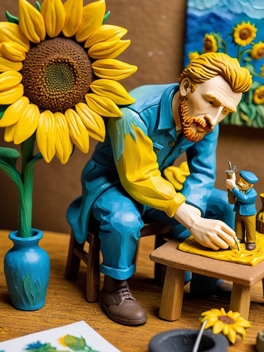 Colorful Diorama of Artists Creating Sunflower Art