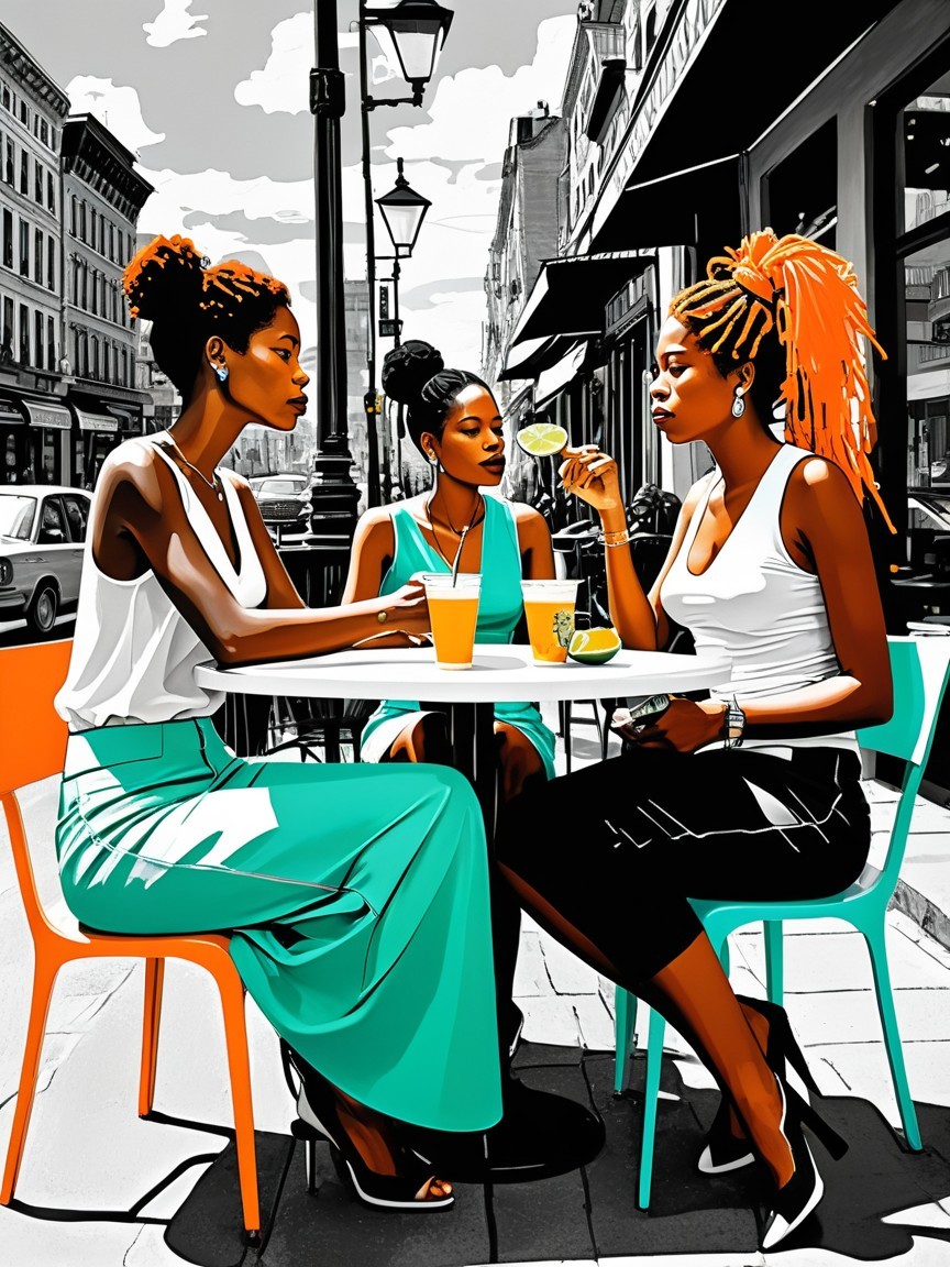 Stylish Women at Café Table on a Sunny Day