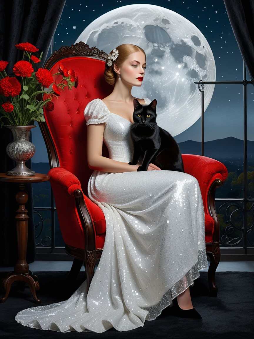 Woman in White Gown with Cat in Elegant Setting