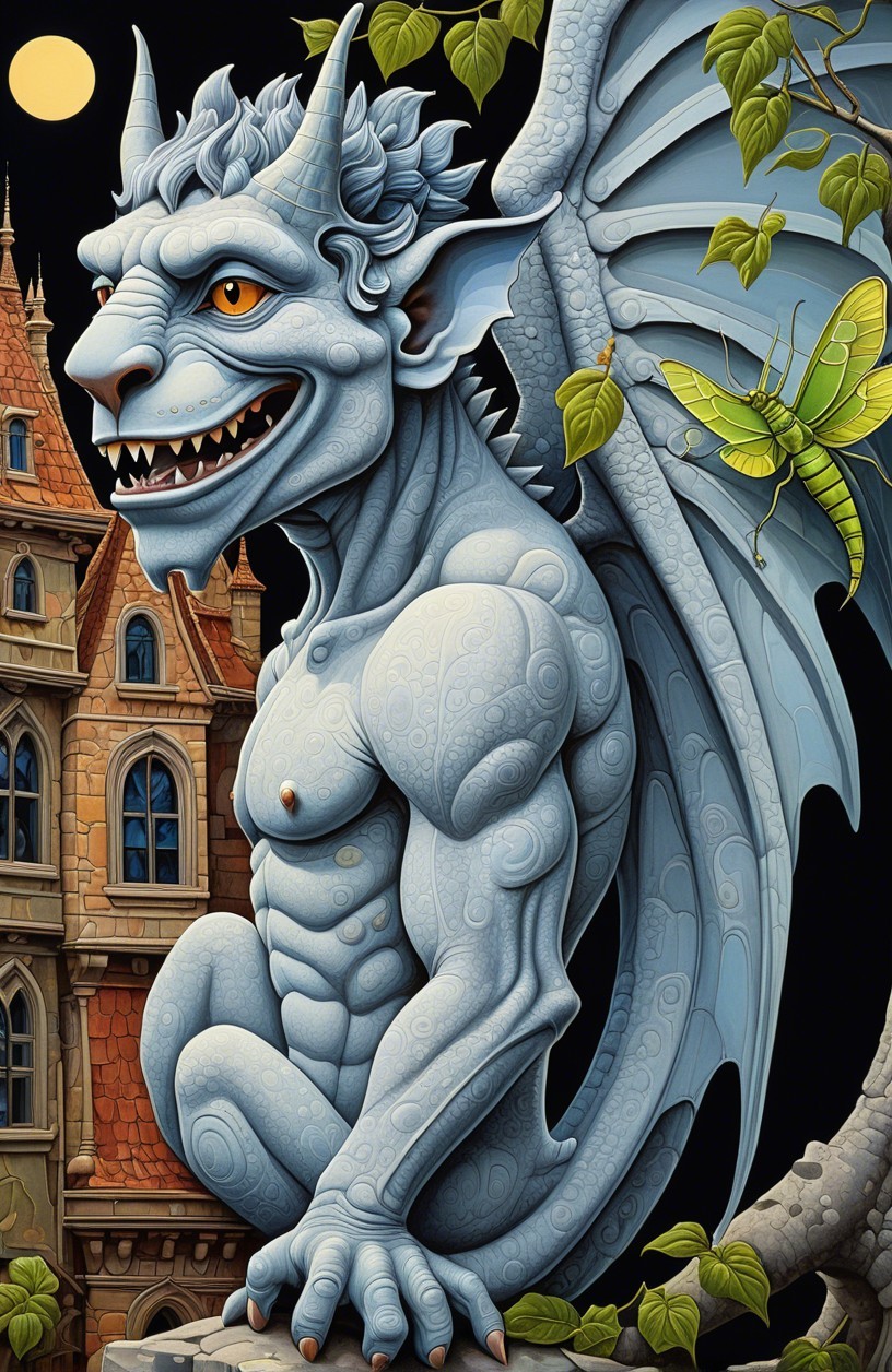 Stylized Blue Gargoyle on Gothic Building Ledge