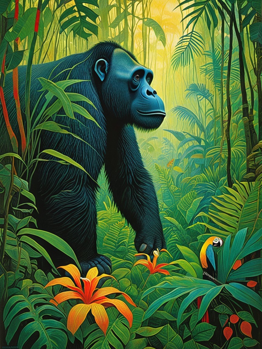 Majestic gorilla in a vibrant jungle setting