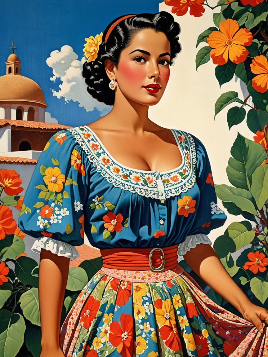 Woman in Vibrant Traditional Dress Surrounded by Nature