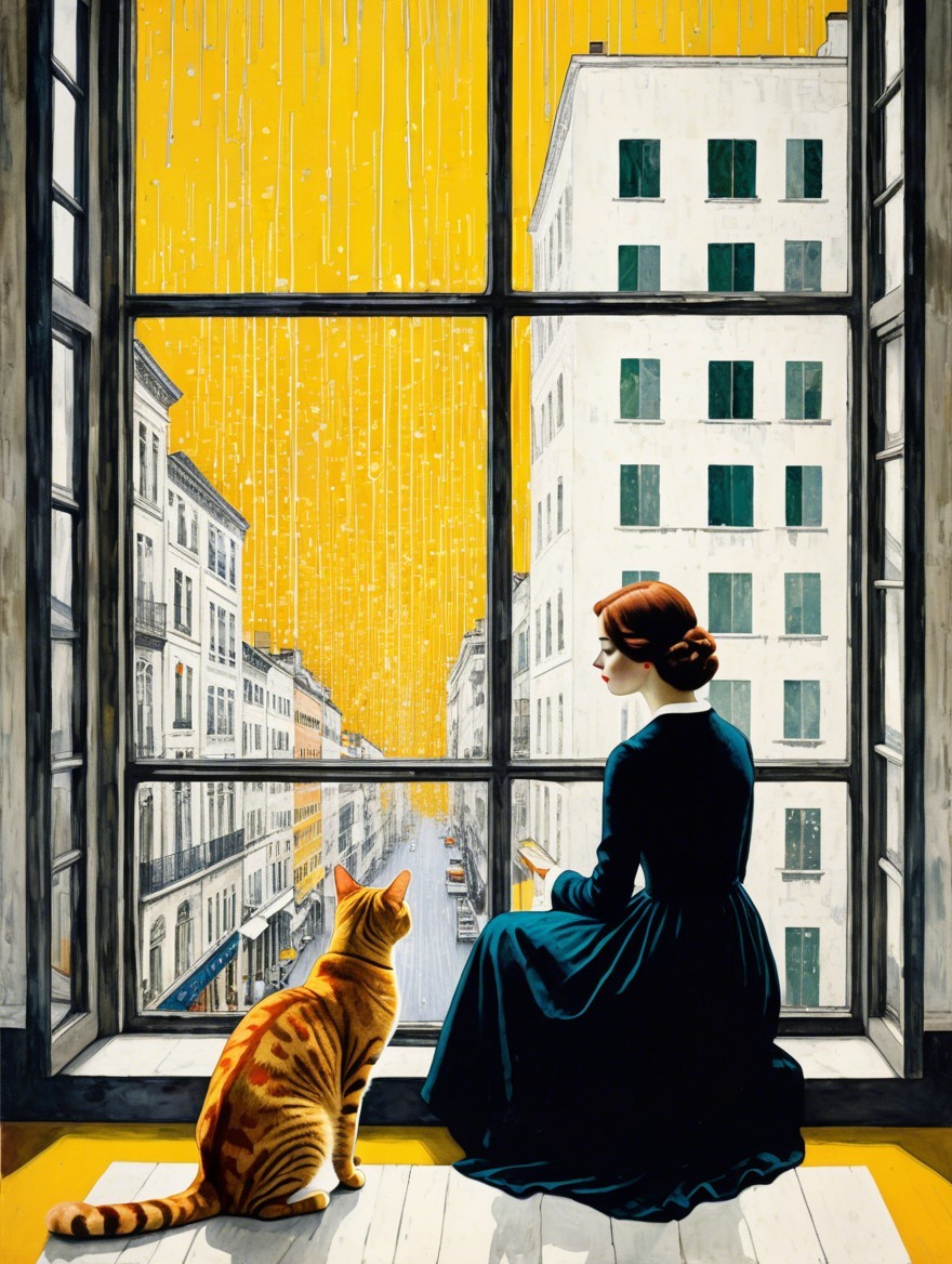 Woman in Dark Dress with Cat by Rainy Window