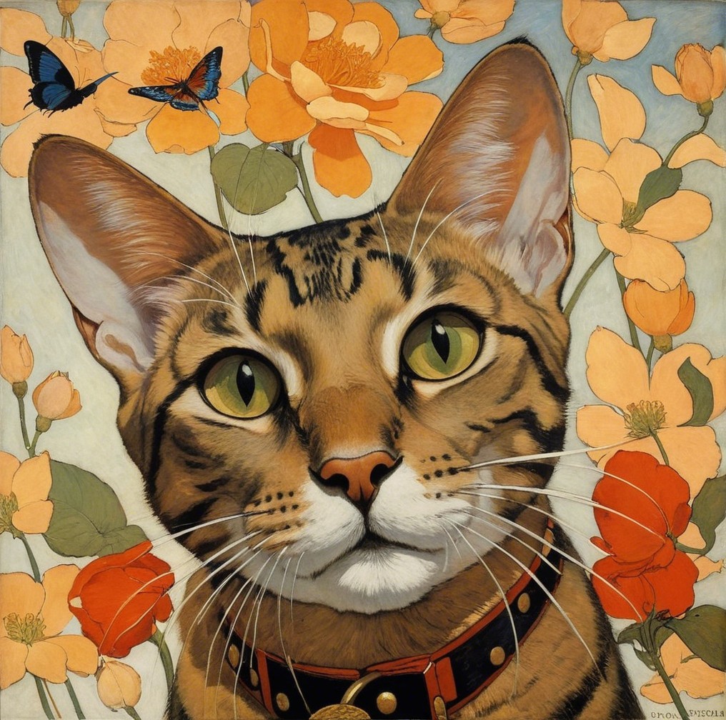 Close-up of a spotted cat with green eyes and flowers
