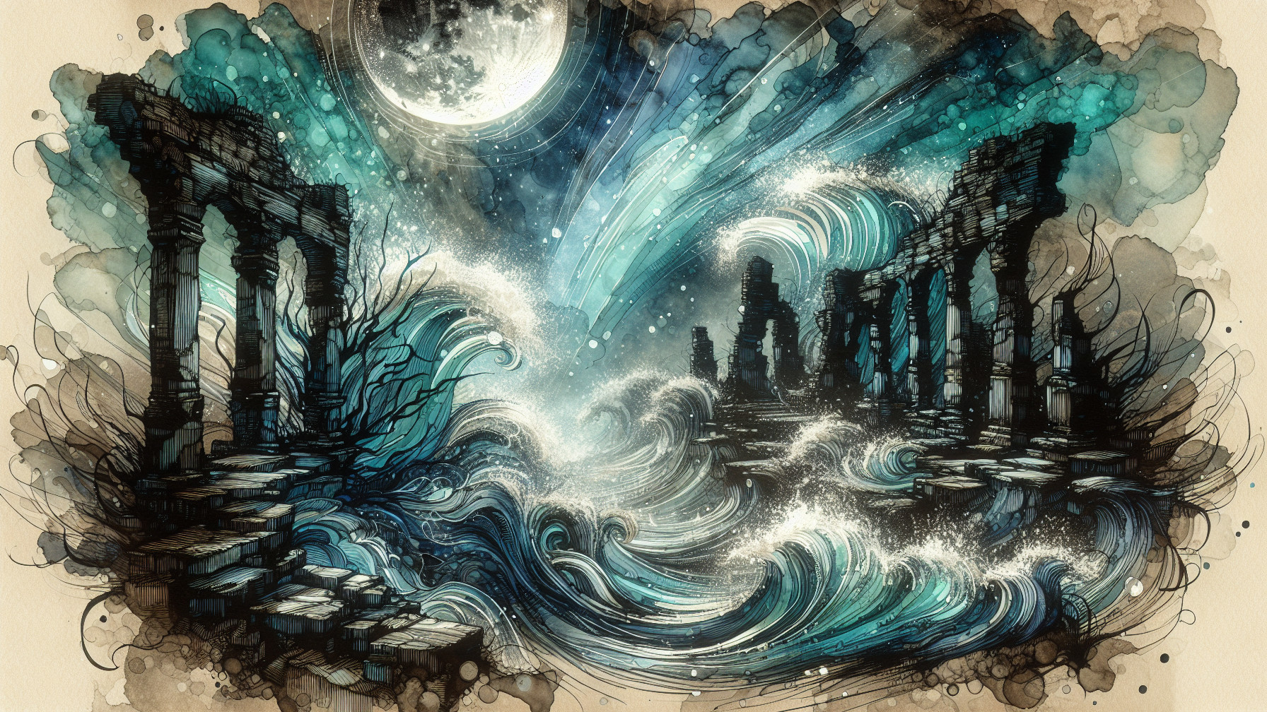 Mystical Waves and Ancient Ruins Under Moonlight