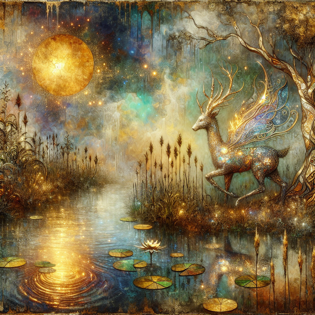 Mystical Landscape with Stag and Iridescent Wings
