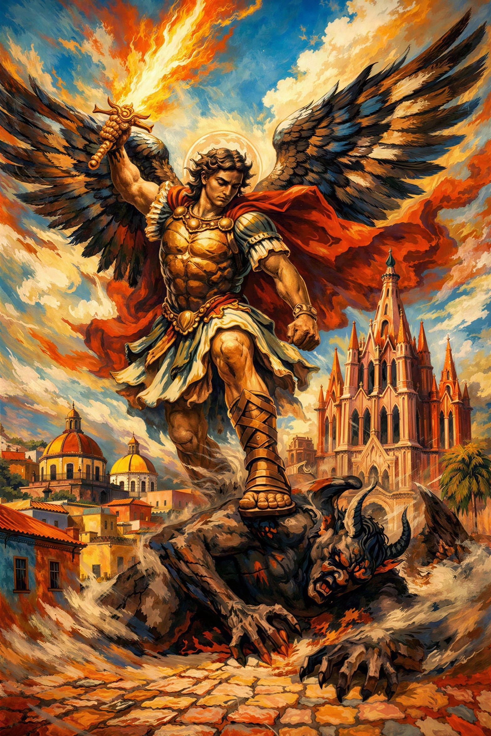 Muscular Warrior Angel in Dynamic Battle Scene
